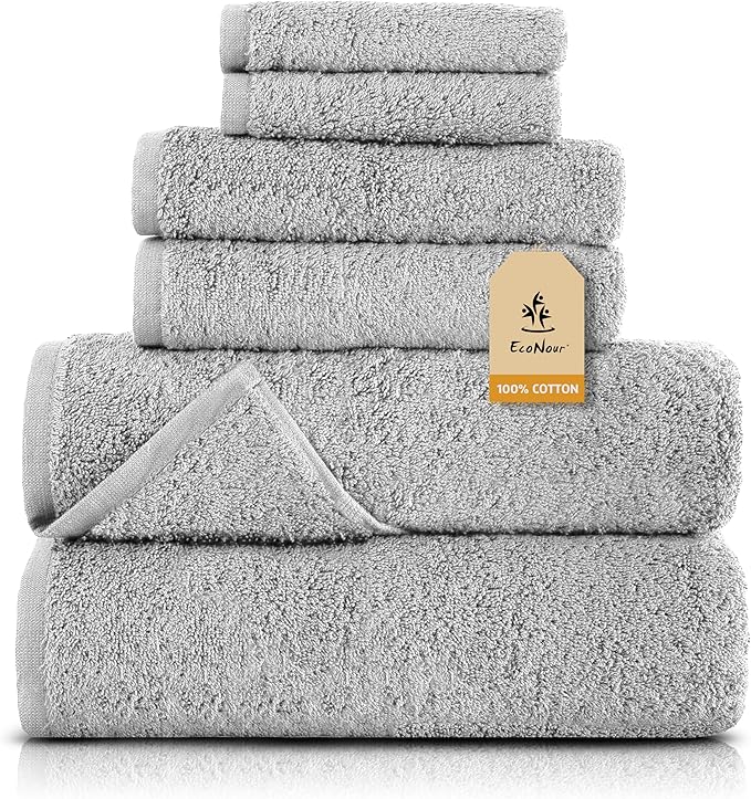EcoNour Luxury 6-Piece Cotton Towel Set | 100% Grey Turkish Cotton Towels for Bathroom, Spa, Gym & Hotel | Includes 2 Bath Towels, 2 Hand Towels, 2 Wash Cloths | Soft, Quick Dry & Highly Absorbent