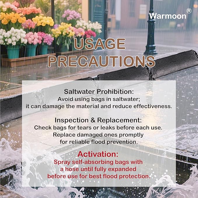 1FT*2FT Warmoon Self-Absorbing Flood Bags with Handles for US Homes - Ideal Barriers for Doorways, Garages & Basements (1ft*2ft (Pack of 6))