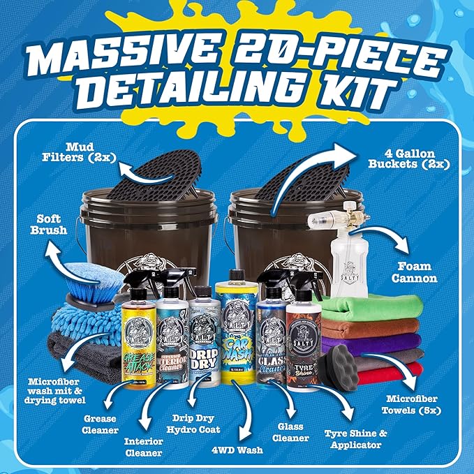 Salty Captain DIY Detailing Car Cleaning Kit – Car Wash Kit with 15L Bucket, Hand Mitt Towels, Brushes & 6x Cleaning Fluids – With Pressure Washer Snow Foam Cannon – Premium Quality & Easy to Use
