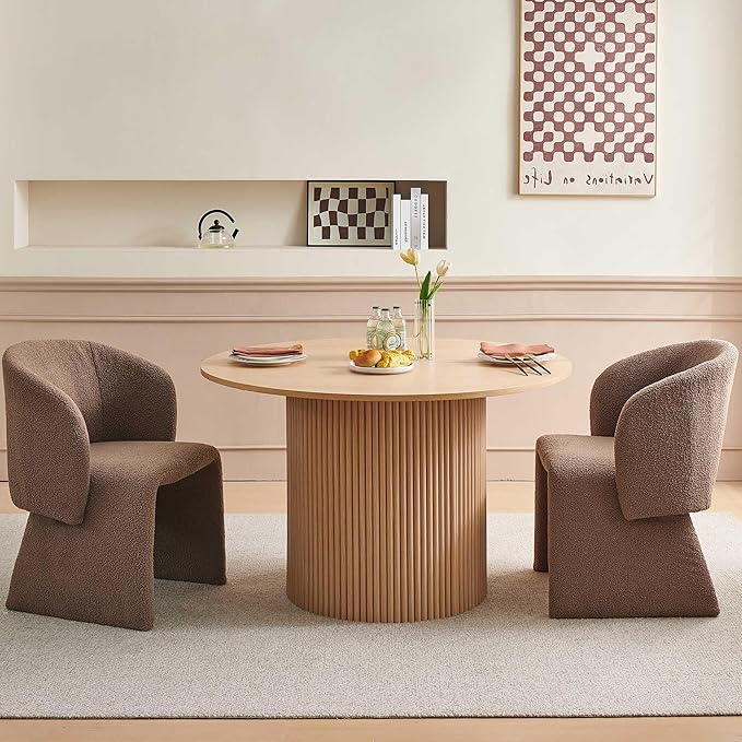 Dining Table Set for 2, 47" Round Kitchen Table with Two-Part Tabletop& Wood Strips Base, Oak Wood Finish Circle Dinner Table with Brown Teddy Velvet Dining Chairs Upholstered