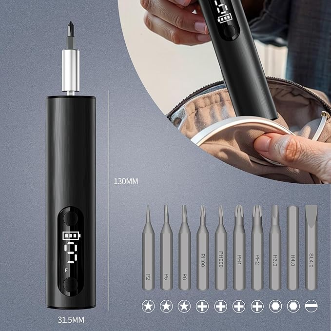 Wireless Charging Electric Screwdriver Set - Mini Precision Drill with Magnetic Bits, for Electronics/Phone/Watch Repair, DIY & Home Appliances,Multi-Functional Mini screwdriver kit (Black)