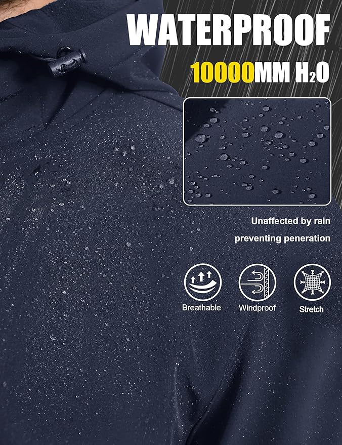 MAGCOMSEN Men's Waterproof Fleece Lined Rain Jacket Lightweight Softshell Raincoat with Hood Winter Hiking Windbreaker