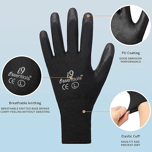 I9 Essentials 12 Pairs PU Coated Work Gloves – Black Safety Grip Gloves for Construction, Warehouse, Assembly & General Work | Lightweight Protective Gloves for Men & Women (Large)