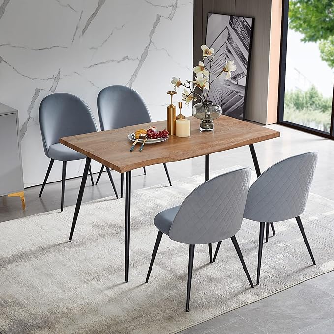 5-Pieces Kitchen Dining Table Set for 4,Unique Design Live Edge Dining Table with Thick Tabletop & 4 Grey Velvet Dining Chair Upholstered Set with Stable Metal Legs for Restaurant,Dining Hall