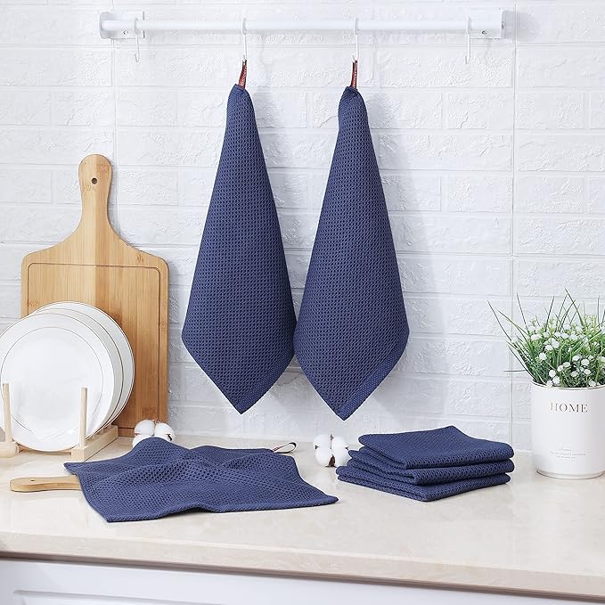 Kitinjoy 100% Cotton Kitchen Dish Cloths, 8 Pack Waffle Weave Ultra Soft Absorbent Dish Towels for Drying Dishes Quick Drying Kitchen Towels Dish Rags, 12 X 12Inch, Navy Blue