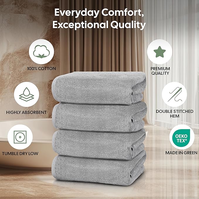 EcoNour 4 Pack Grey Bath Towels | 27x54 Inch Cotton Towel Set for Bathroom, Gym, Spa & Travel | Soft, Quick-Drying, Lightweight & Absorbent Towels for Daily Use