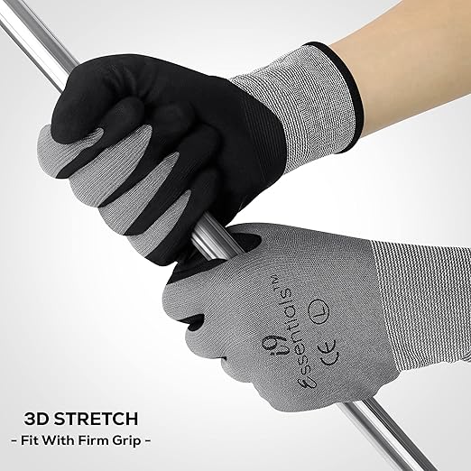 I9 Essentials 12 Pairs MicroFoam Nitrile Coated Touchscreen Work Gloves – Lightweight Grip Safety Gloves for Carpentry, Gardening, Construction & General Work (Large)