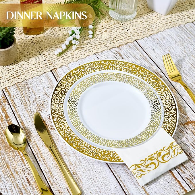 Vplus 400 Pack Paper Napkins Guest Towels Disposable Premium Quality 3-ply Dinner Napkins Disposable Soft, Absorbent, Perfect for Kitchen, Wedding, Parties, Dinners or Events (Gold)