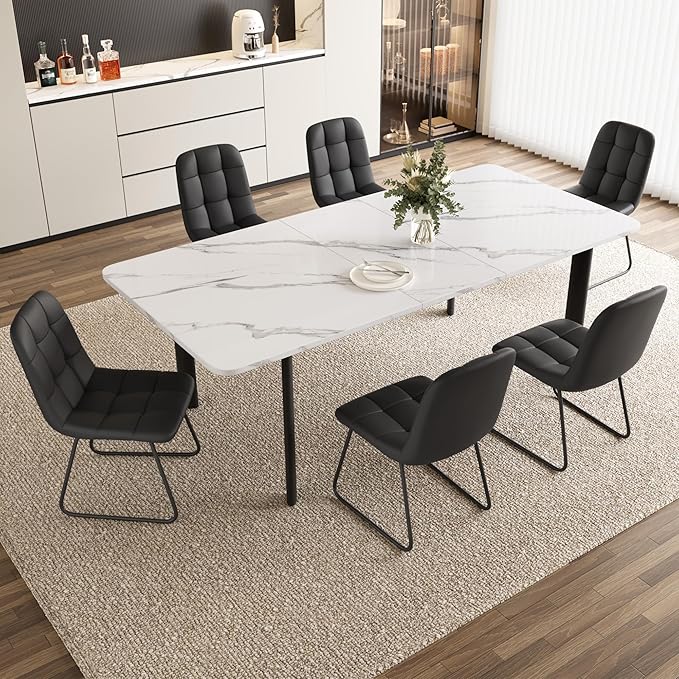 Extendable Dining Table Set for 6-8 People, 63 to 78.7 Inch MDF Kitchen Table with 6 Upholstered Chairs, Space-Saving for Dining Room, Breakfast Nook (White Table & 6 Black U-Shaped Chairs)