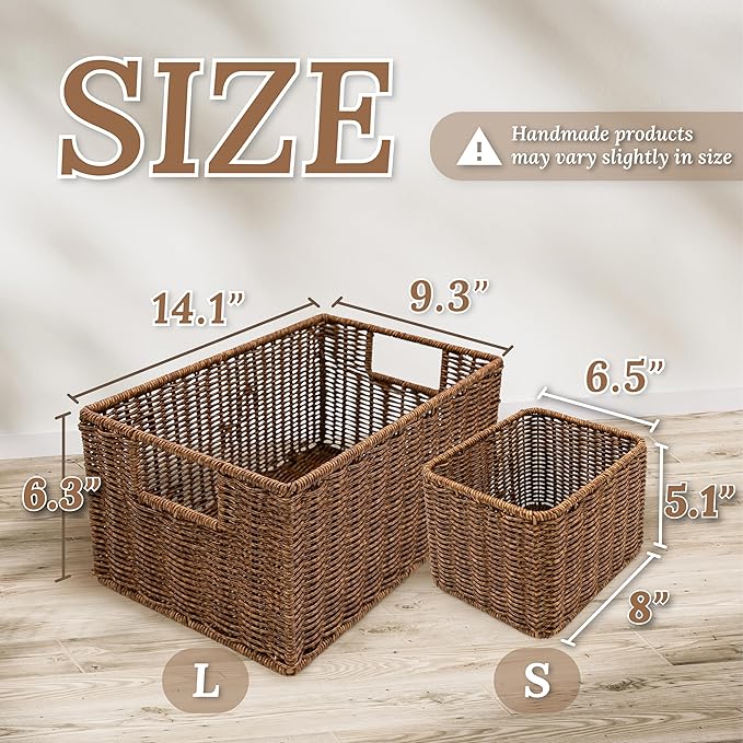 Wicker Basket with Handle, Shelf Baskets for Organizing, Woven Organization Storage with Handles, Resin Wicker Set of 3, Toffee