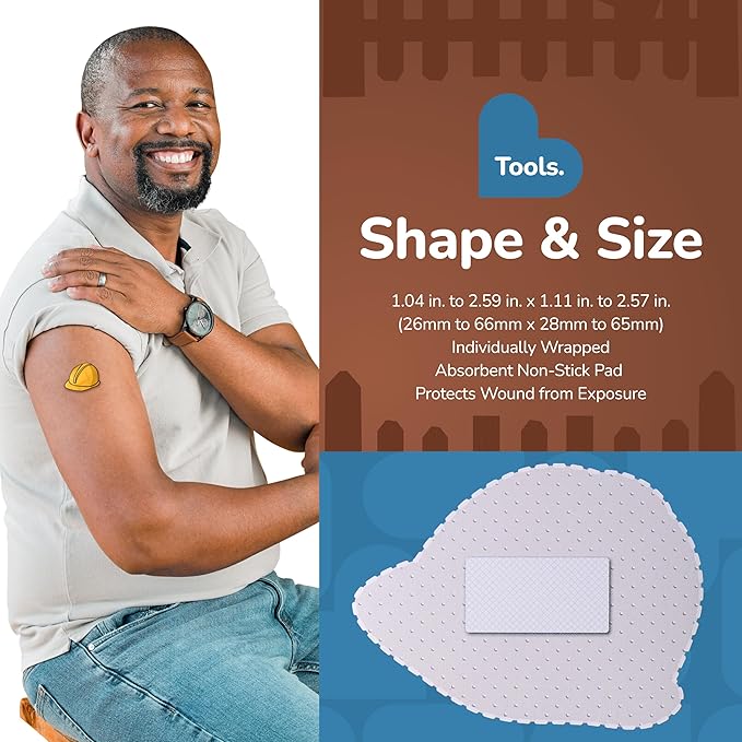 BioSwiss Kids Bandages, Tools Shaped Self Adhesive Bandage Set, Latex Free, Sterile Wound Care, 50 Count