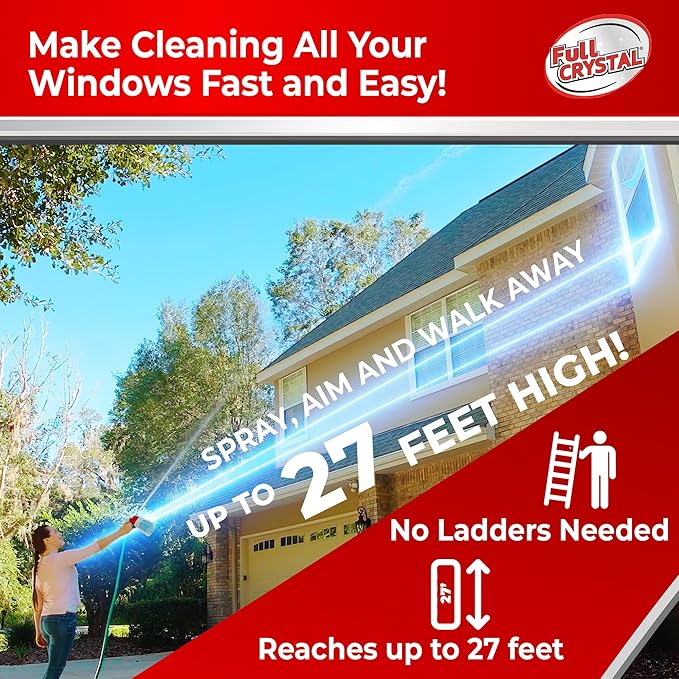 Full Crystal Window Cleaning Kit- 4 oz Glass Cleaner and Bottle with 27ft Reach will clean up to 20 Windows- Scrub Free, Rinse Free Glass Cleaner Spray Removes Dirt, Grime and Water Deposits