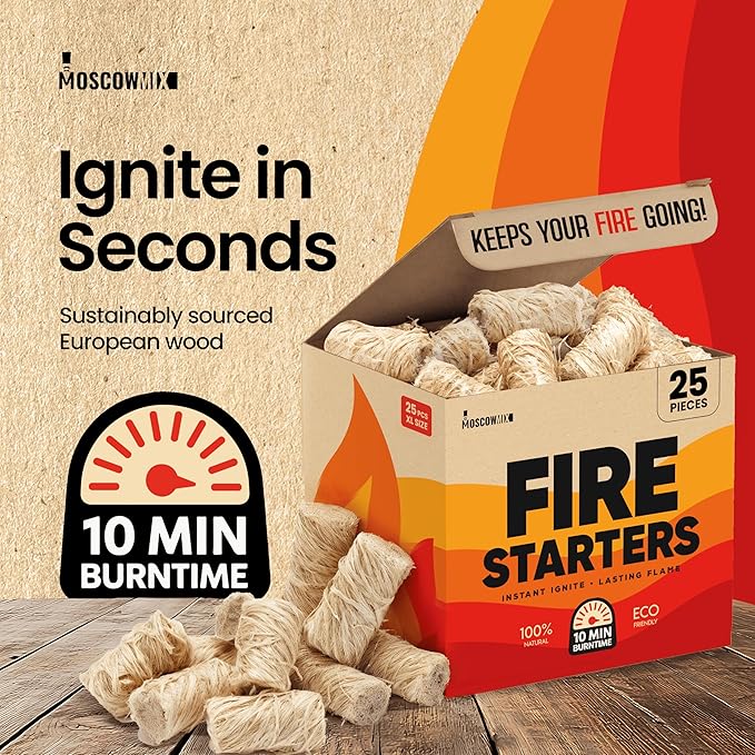 Moscow-Mix 25 pcs Fire Starter Indoor and Outdoor - Fire Starters for Fireplace, Campfires, BBQ, Wood Stove, Smokers, Fire Pits - Charcoal Starter for Grill - Natural All-Weather Pine Starters