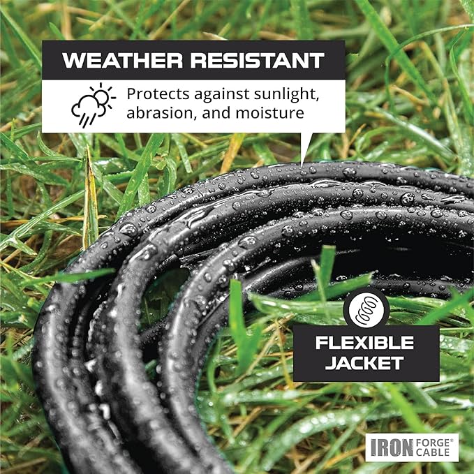 Iron Forge Cable 25 ft Lighted Outdoor Extension Cord - 10/3 SJTW Heavy Duty Black Extension Cable with 3 Prong 15 AMP Grounded Plug for Safety