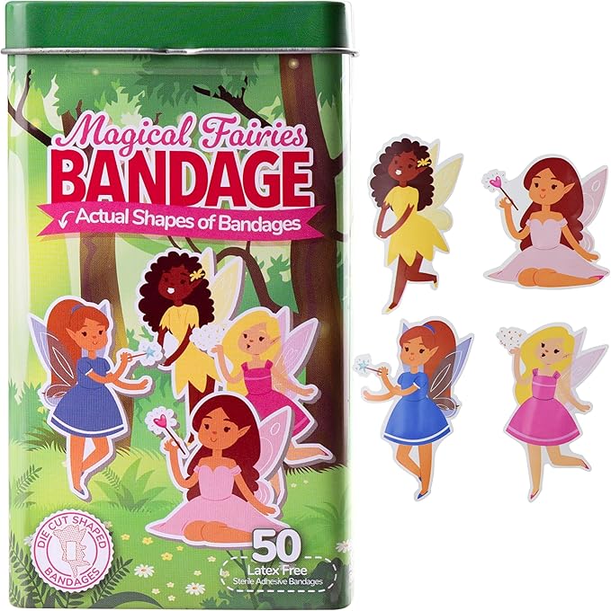 BioSwiss Kids Bandages, Magical Fairies Shaped Self Adhesive Bandage Set, Latex Free, Sterile Wound Care, 50 Count