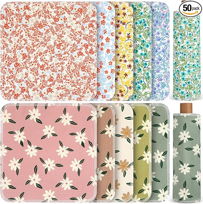 Redbaker 50 Pcs Reusable Paper Towels Paperless Reusable Cotton Cloths Toilet Absorbent Washable Paper Towels with Roll Kitchen Dishcloth for Kitchen Paperless Dishcloths(Charming)