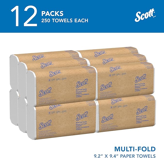 Scott Professional Universal Multifold Paper Towels, Bulk (58091), Absorbency Pockets, White, 9.2"x9.4" Towel, White, Compressed, Compact (250 Sheets/Pack, 12 Packs/Case, 3,000 Sheet Total)