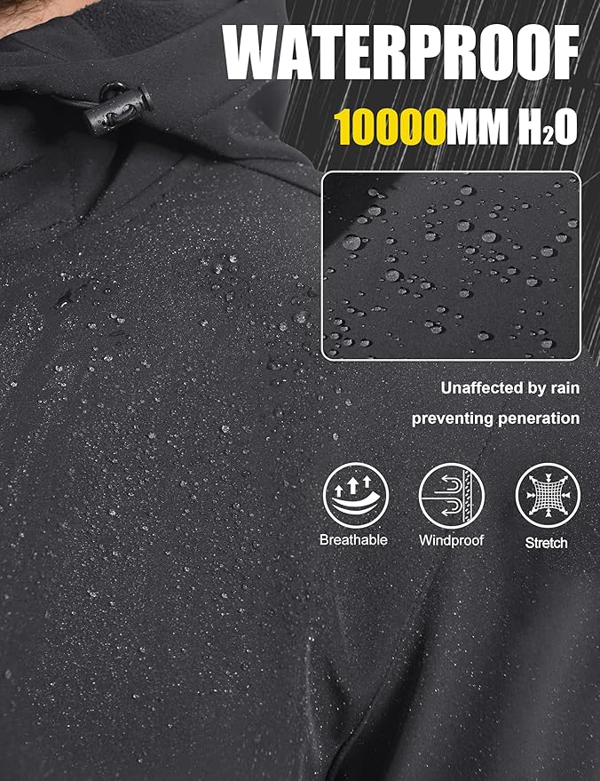 MAGCOMSEN Men's Waterproof Fleece Lined Rain Jacket Lightweight Softshell Raincoat with Hood Winter Hiking Windbreaker