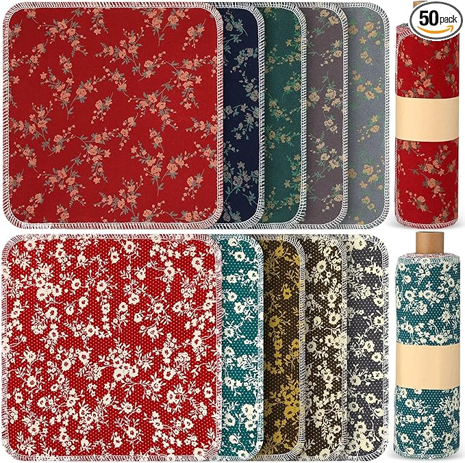 Redbaker 50 Pcs Reusable Paper Towels Paperless Reusable Cotton Cloths Toilet Absorbent Washable Paper Towels with Roll Kitchen Dishcloth for Kitchen Paperless Dishcloths(Floral)
