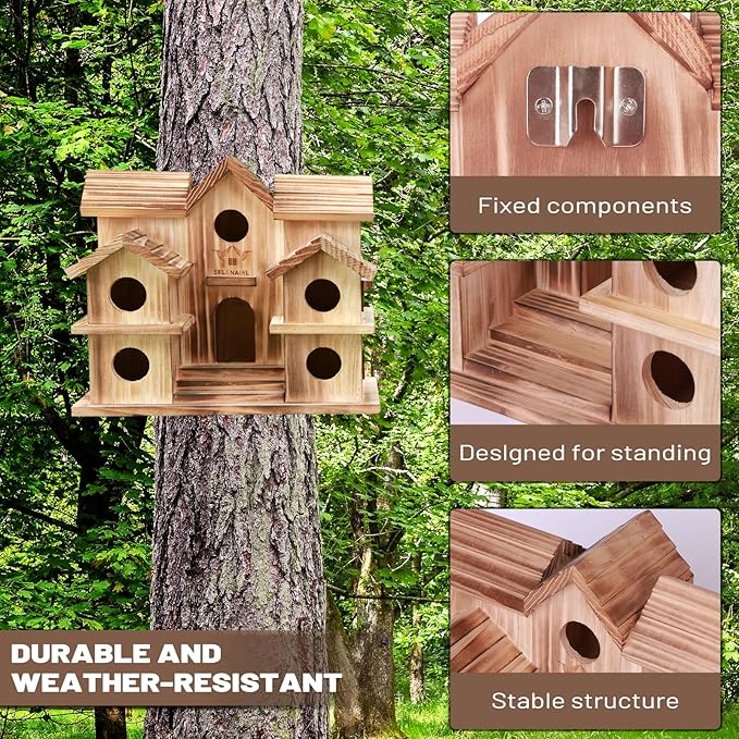 Large Bird House with 10 Holes - Handcrafted Wooden Martin House for Outdoor, Ideal for Purple Martins, Bluebirds, Finches, Cardinals, Sparrows, Chickadees