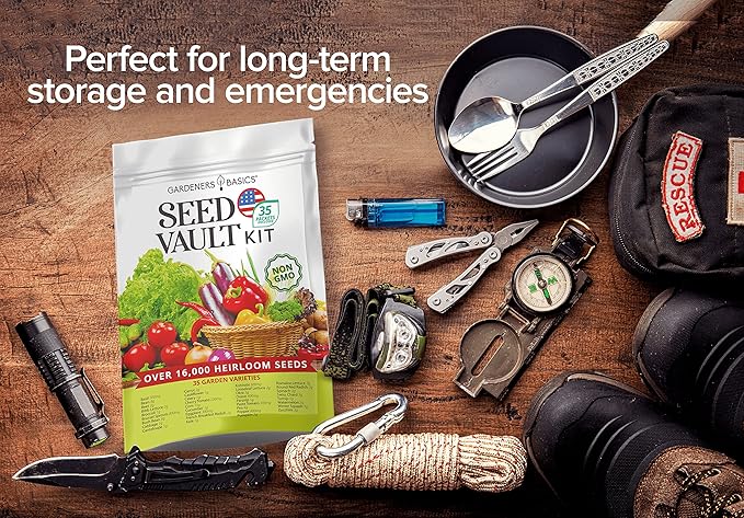 Gardeners Basics Survival Vegetable Seeds Garden Kit Over 16,000 Seeds Non-GMO and Heirloom, Great for Emergency Bugout Survival Gear 35 Varieties Seeds for Planting Vegetables 35 Free Plant Markers