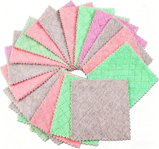 12-Pack Premium Coral Fleece Microfiber Cleaning Cloths, 10"x10" - Streak-Free & Lint-Free, Multipurpose Rags - Assorted Gray, Purple & Pink Towels for Home, Kitchen, Glass & More
