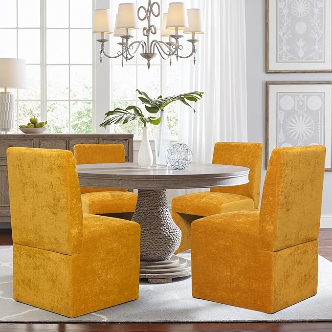 Upholstered Dining Chairs Set of 4 Modern Kitchen & Dining Room Chairs Linen Fabric Dining Chairs with Wooden Frame, Yellow