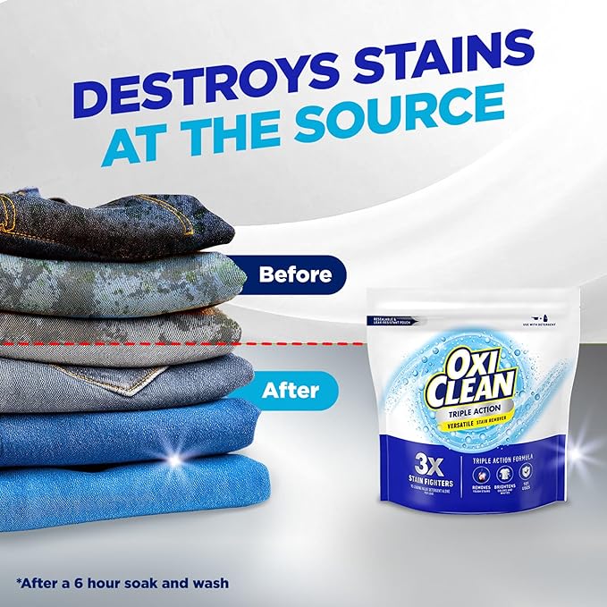 OxiClean Triple Action Versatile Stain Remover Powder, Use with Detergent, Removes Tough Stains like Grease, Blood and Grass, Brightens Colors and Whites, Chlorine Free, 4 lbs