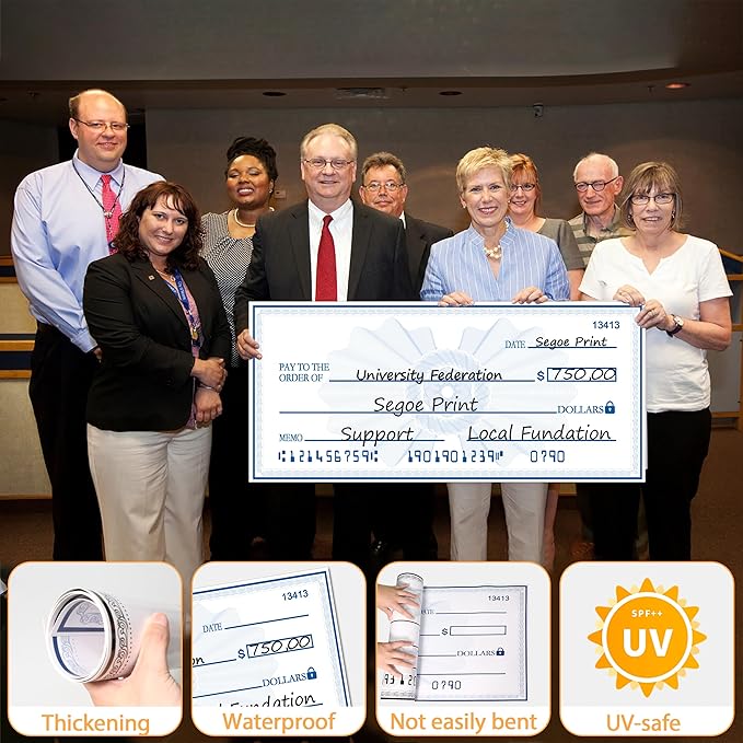 40x16 Inch Giant Check | Big Checks for Presentations | Double-Sided Oversized Checks | Waterproof Reusable Sign for Charity Events & Corporate Awards | Dry Erase Check