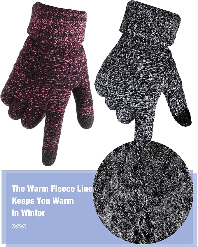 Geyoga 2 Pairs Women's Winter Touch Screen Gloves Soft Warm Fleece Lined Knit Elastic Cuff Winter Texting Gloves