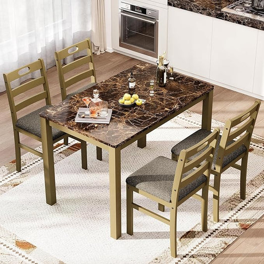PHI VILLA Dining Table Set for 4, Modern Farmhouse Kitchen Table Set, Faux Marble Dining Table and 4 Cushioned Chairs, Solid Rubber Wood Dining Room Table Set, Emperador Dark Marble& Olive