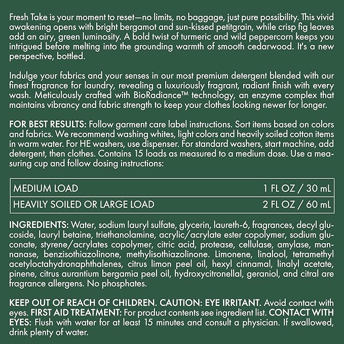 The Laundress Fresh Take Luxury Laundry Detergent, Long-lasting Green Citrus Fragrance up to 7 Days of Scent, BioRadiance Enzyme Technology, Keep Clothes Vibrant for Longer, USDA Biobased, 15 Loads