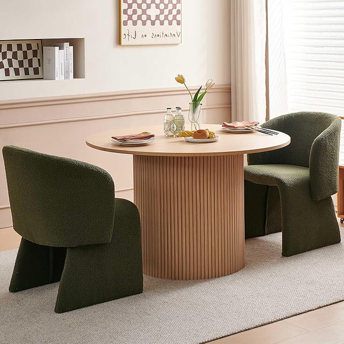 3-Piece Dining Table Set for 2, Modern Round MDF Kitchen Table with Two-Part Tabletop, Oak Finish, Stylish Living Room Table and 2 Cozy Dining Side Chairs Upholstered Set