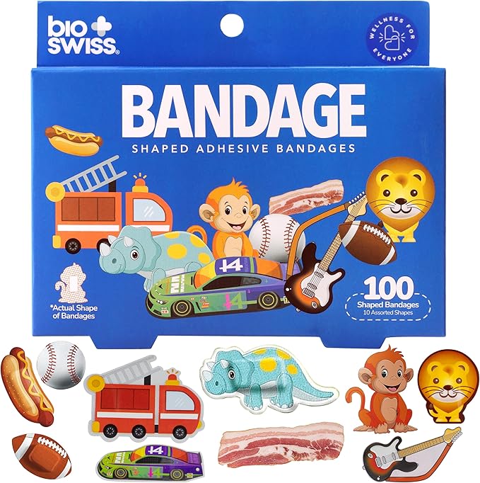 BioSwiss Kids Bandages, Assorted Animal, Fun and Food Shaped Self Adhesive Bandage for Boys, Latex Free, Sterile Wound Care, 100 Count