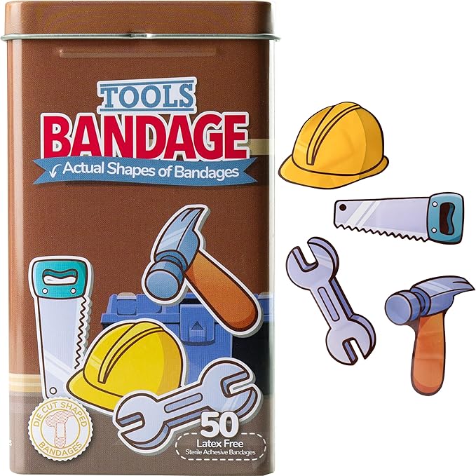 BioSwiss Kids Bandages, Tools Shaped Self Adhesive Bandage Set, Latex Free, Sterile Wound Care, 50 Count