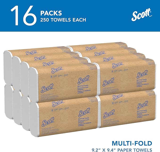 Scott Professional Universal Multifold Paper Towels, Bulk (01840), Absorbency Pockets, White, 9.2'x9.4' Towel, Compressed, Compact (250 Sheets/Pack, 16 Packs/Case, 4,000 Sheet Total)