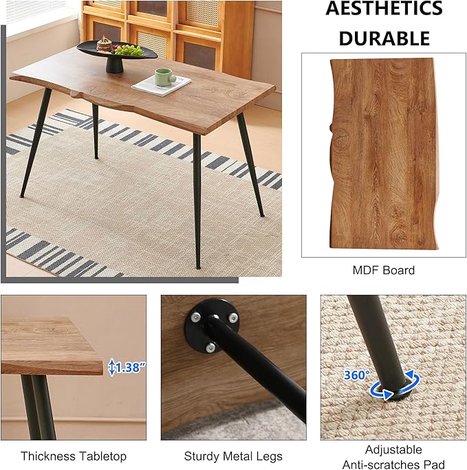 5-Pieces Kitchen Dining Table Set for 4,Unique Design Live Edge Dining Table with Thick Tabletop & 4 Grey Velvet Dining Chair Upholstered Set with Stable Metal Legs for Restaurant,Dining Hall