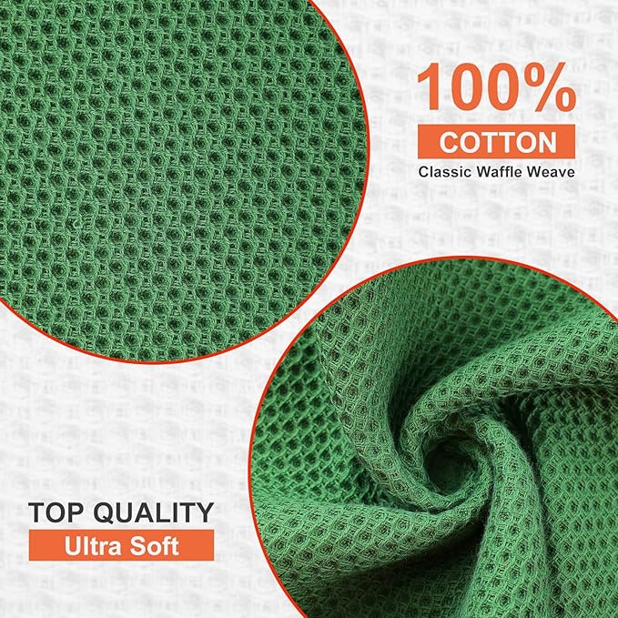 Kitinjoy 100% Cotton Kitchen Dish Cloths, 12 Pack Waffle Weave Ultra Soft Absorbent Dish Towels for Drying Dishes Quick Drying Kitchen Towels Dish Rags, 12 X 12 Inches, Grass Green