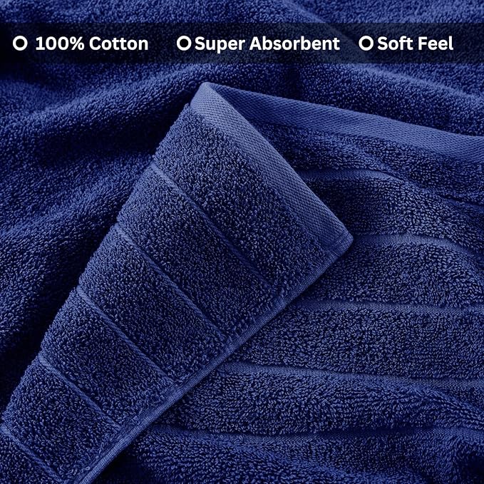 Casa Platino 100% Cotton 2 Pack Bath Towels (30"x60") - Ring Spun Mercerized Cotton Towels Set for Bathroom - Quick Dry, Soft & Absorbent Large Bath Towel Set - Dorm Essentials for Boys - Navy Blue
