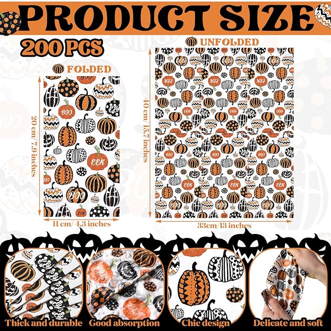 Jetec 200 Pcs Halloween Pumpkin Paper Napkins Paper Hand Towels for Bathroom Disposable Guest Napkins Orange Pumpkin Disposable Hand Towels for Halloween Christmas Birthday Party