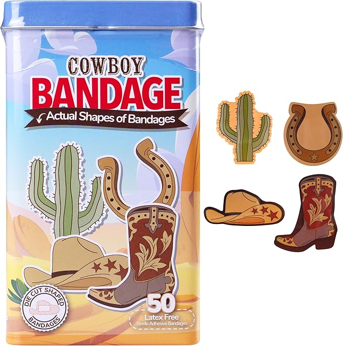BioSwiss Kids Bandages, Cowboy Shaped Self Adhesive Bandage Set, Latex Free, Sterile Wound Care, 50 Count