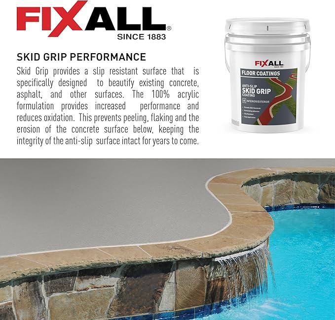 FIXALL Skid Grip Anti-Slip Coating, 5 Gallons, Slate, Exceeds ADA Standards, Ideal for Safety Areas, Slip-Resistant Pavement, Cement & Concrete Paint