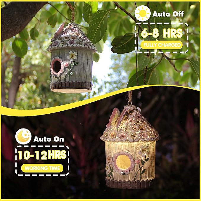 Hanging Bird House for Outdoor with Solar Light, Nesting Box Garden Resin Decor, Pet Cottage Birdhouse with Pole Decoration for Small Hummingbird Blue Bird Sparrow Chickadee