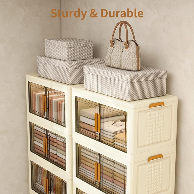 Plastic Stackable Storage Bins with Lids and Wheels, Foldable Closet Organizers and Storage Containers, Collapsible Clear Drawer Storage Cabinet with Doors Ivory White 912 QT