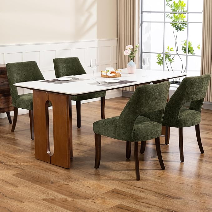 UVV Wooden Dining Chairs Set of 4, Mid Century Modern Chenille Upholstered Dining Room Chair Kitchen Chairs, Farmhouse Dinner Chair with Solid Wood Legs for Kitchen Dining Room, Green-Chenille