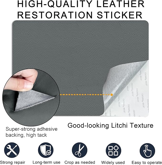 Self Adhesive Leather Repair Patch,8x12 inch Vinyl Repair Kit,Leather Repair Kit for Furniture,Car Seat,Couch,Office Chair,2 Pcs Dark Gray