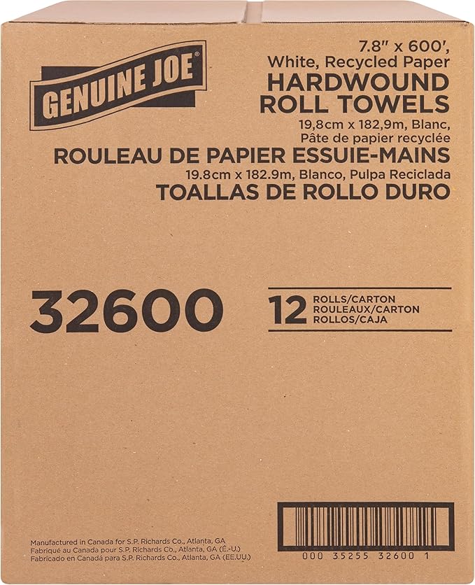 Genuine Joe Embossed Hardwound Roll Towels, 2" Core, 1-Ply, 7.8" x 600', White, 12 Count