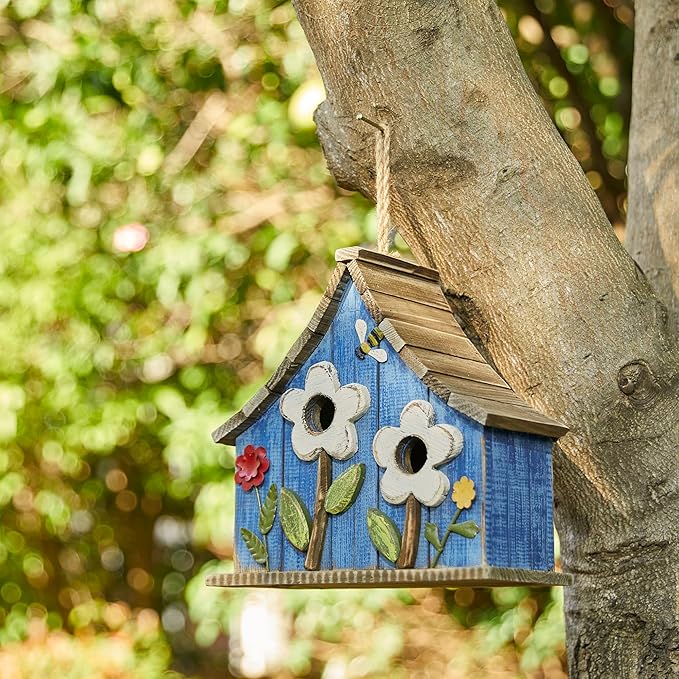 Glitzhome Hanging Birdhouses for Outdoors, 10.75" L Distressed Solid Wood Birdhouse with 3D Flowers Rustic Hand-Painted Bird Houses for Outside