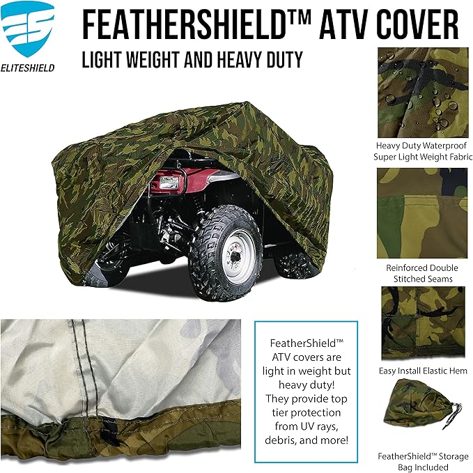 EliteShield Lightweight ATV Cover, Weatherproof Quad Cover, Water and Wind Resistant Four Wheeler Cover for Polaris Kawasaki Yamaha Suzuki Honda Arctic Cat Can-Am, Camo Color fits 96" Long