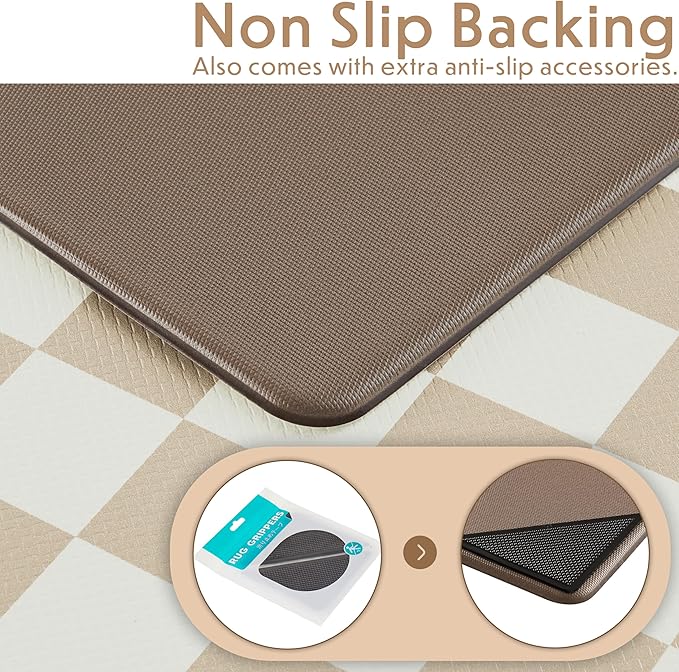 Beige Khaki Checkered Kitchen Mats for Floor Set of 2, 2 Pcs Cushioned Non Slip Runner Rugs for Kitchen/Sink/Laundry, Comfort Aesthetic Cute Anti-Fatigue Foam Floor Mat 17.3"x29.5"+17.3"x47.2"